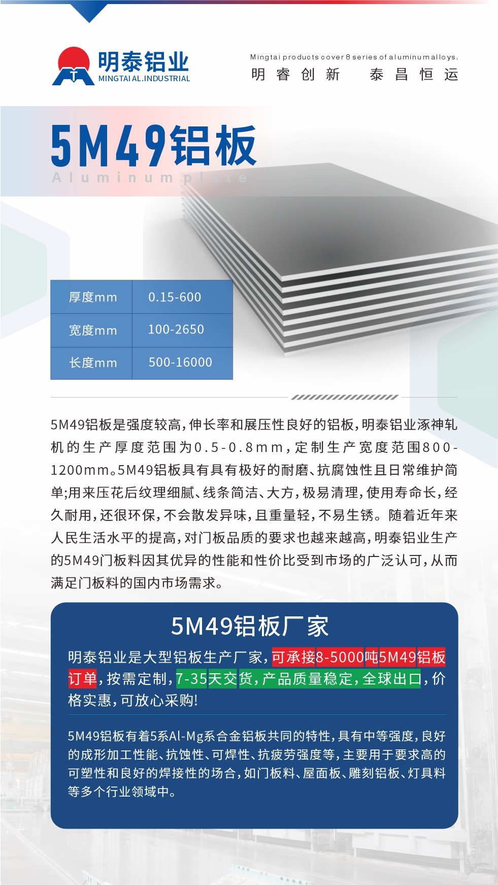 5M49鋁板是強(qiáng)度較高，伸長(zhǎng)率和展壓性良好的鋁板，明泰鋁業(yè)涿神軋機(jī)的生產(chǎn)厚度范圍為0.5-0.8mm，定制生產(chǎn)寬度范圍800-1200mm。5M49鋁板具有具有極好的耐磨、抗腐蝕性且日常維護(hù)簡(jiǎn)單;用來(lái)壓花后紋理細(xì)膩、線條簡(jiǎn)潔、大方，極易清理，使用壽命長(zhǎng)，經(jīng)久耐用，還很環(huán)保，不會(huì)散發(fā)異味，且重量輕，不易生銹。 隨著近年來(lái)人民生活水平的提高，對(duì)門板品質(zhì)的要求也越來(lái)越高，明泰鋁業(yè)生產(chǎn)的5M49門板料因其優(yōu)異的性能和性價(jià)比受到市場(chǎng)的廣泛認(rèn)可，從而滿足門板料的國(guó)內(nèi)市場(chǎng)需求。
