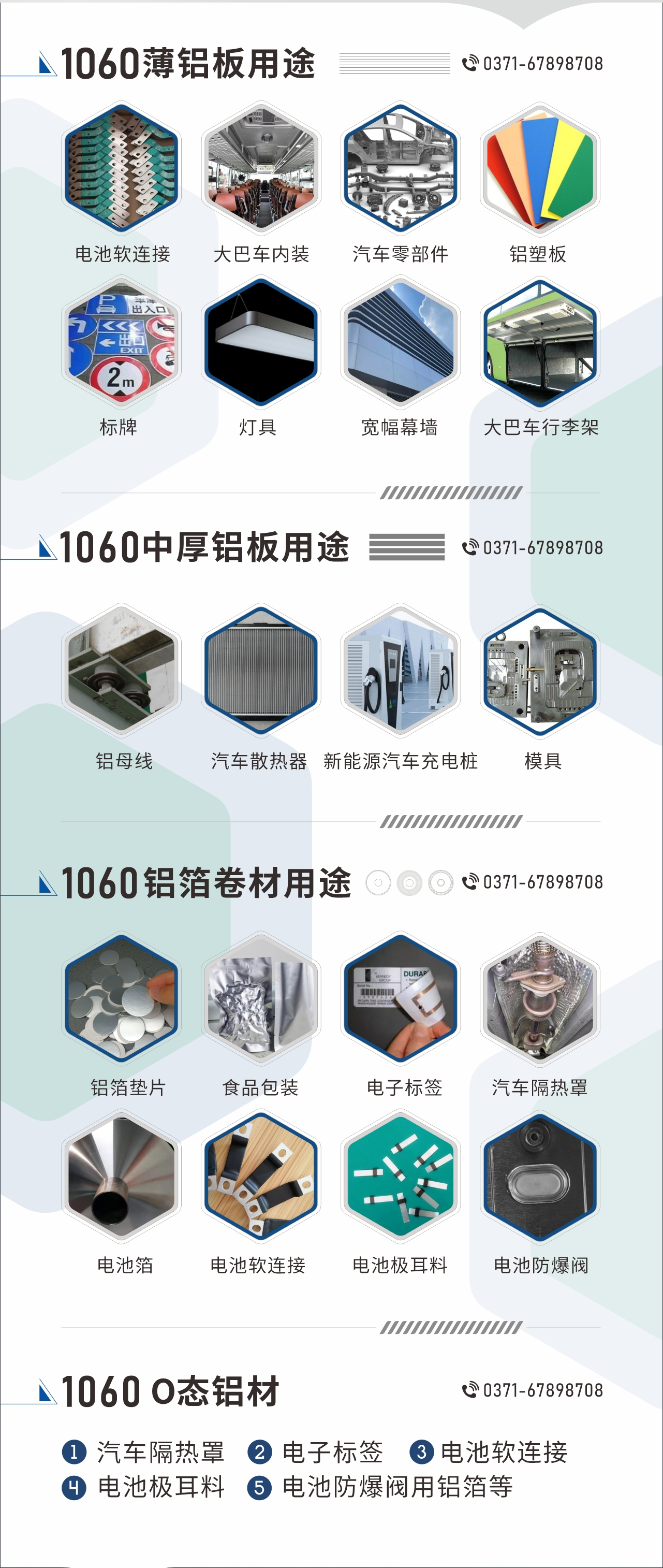 1060鋁板卷用途
　　1060鋁薄板用途： 電池軟連接、大巴車內裝、汽車零部件、鋁塑板、標牌、燈具、寬幅幕墻、大巴車行李架/地板/花紋板(宇通公司使用)等;1060中厚鋁板用途：鋁母線、汽車散熱器、新能源汽車充電樁、模具等;1060鋁箔卷材用途：鋁箔墊片、食品包裝、電子標簽、汽車隔熱罩用鋁箔、電池箔、電池軟連接、電池極耳料、電池防爆閥等;1060-O態鋁材用途：汽車隔熱罩、電子標簽、電池軟連接、電池極耳料、電池防爆閥用鋁箔等;1060鋁板多少錢1噸.1060鋁板價格=發貨當天長江鋁錠價+加工費