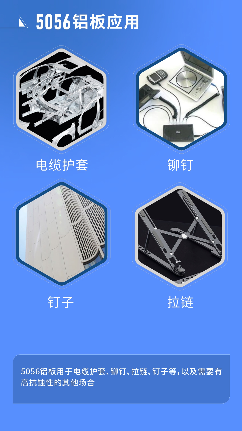 市場應用
　　5056鋁板用于電纜護套、鉚釘、拉鏈、釘子等，以及需要有高抗蝕性的其他場合。
　　5056鋁板生產廠家
　　明泰鋁業(yè)支持定做，為用戶合理推薦更合理產品規(guī)格，并提供優(yōu)惠報價，讓您選購無憂。
　　明泰鋁業(yè)是一家集科研、加工、制造為一體的大型現(xiàn)代化鋁加工企業(yè)。公司可生產1-8系鋁板帶箔產品，規(guī)格齊全。