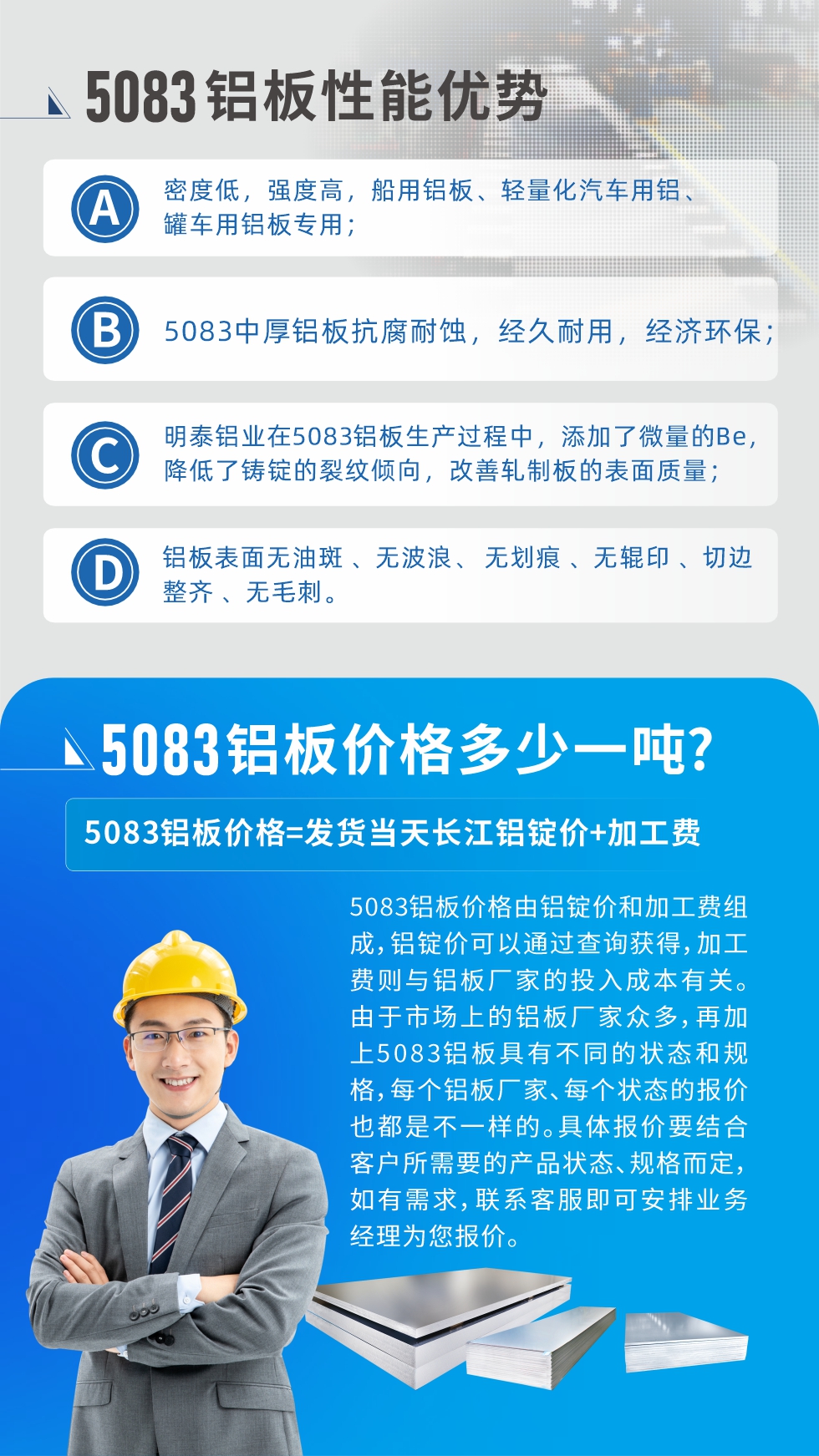 5083鋁板性能優(yōu)勢:1、密度低，強度高，船用鋁板、輕量化汽車用鋁、罐車用鋁板專用；2、5083中厚鋁板抗腐耐蝕，經(jīng)久耐用，經(jīng)濟環(huán)保；3、明泰鋁業(yè)在5083鋁板生產(chǎn)過程中，添加了微量的Be，降低了鑄錠的裂紋傾向，改善軋制板的表面質(zhì)量；4、鋁板表面無油斑 、無波浪、 無劃痕 、無輥印 、切邊整齊 、無毛刺。
5083鋁板價格信息:5083鋁板價格由鋁錠價和加工費組成，鋁錠價可以通過查詢獲得，加工費則與鋁板廠家的投入成本有關(guān)。由于市場上的鋁板廠家眾多，再加上5083鋁板具有不同的狀態(tài)和規(guī)格，每個鋁板廠家、每個狀態(tài)的報價也都是不一樣的。具體報價要結(jié)合客戶所需要的產(chǎn)品狀態(tài)、規(guī)格而定，如有需求，聯(lián)系客服即可安排業(yè)務(wù)經(jīng)理為您報價。
5083鋁板價格=發(fā)貨當天長江鋁錠價+加工費。
5083鋁板廠家:河南明泰鋁業(yè)生產(chǎn)5083鋁合金薄板、5083熱鋁板、5083中厚鋁板、5083船用鋁板、5083花紋鋁板等等，按需定制生產(chǎn)，規(guī)格齊全，歡迎來廠考察參觀，更多相關(guān)產(chǎn)品詳細信息和優(yōu)惠報價，可點擊右側(cè)在線咨詢，也可撥打咨詢電話：0371-67898708快速獲取!