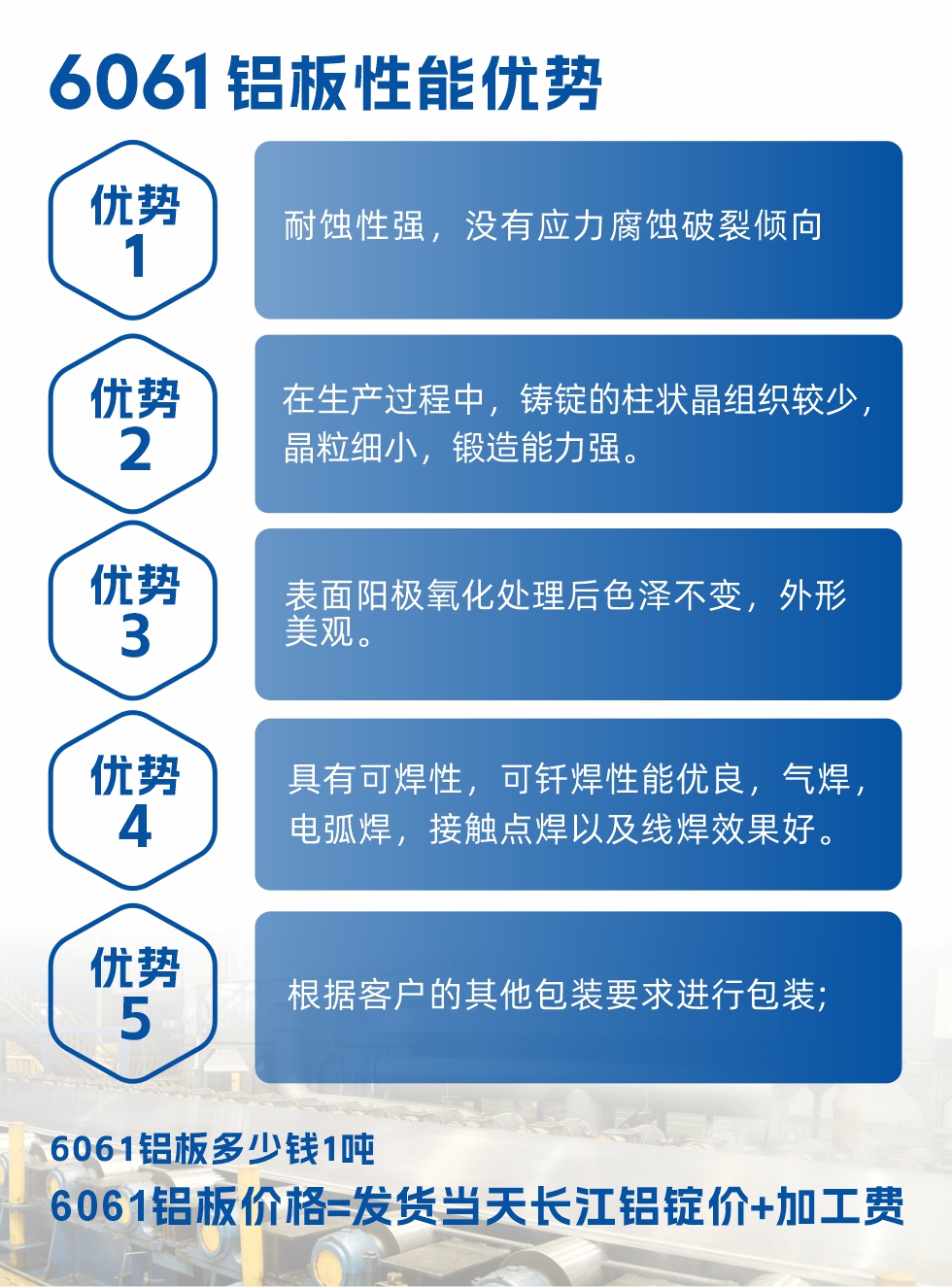 明泰鋁業(yè)6061鋁板性能優(yōu)勢(shì)

　　1、耐蝕性強(qiáng)，沒(méi)有應(yīng)力腐蝕破裂傾向。

　　2、在生產(chǎn)過(guò)程中，鑄錠的柱狀晶組織較少，晶粒細(xì)小，鍛造能力強(qiáng)。

　　3、表面陽(yáng)極氧化處理后色澤不變，外形美觀。

4、具有可焊性，可釬焊性能優(yōu)良，氣焊，電弧焊，接觸點(diǎn)焊以及線焊效果好。