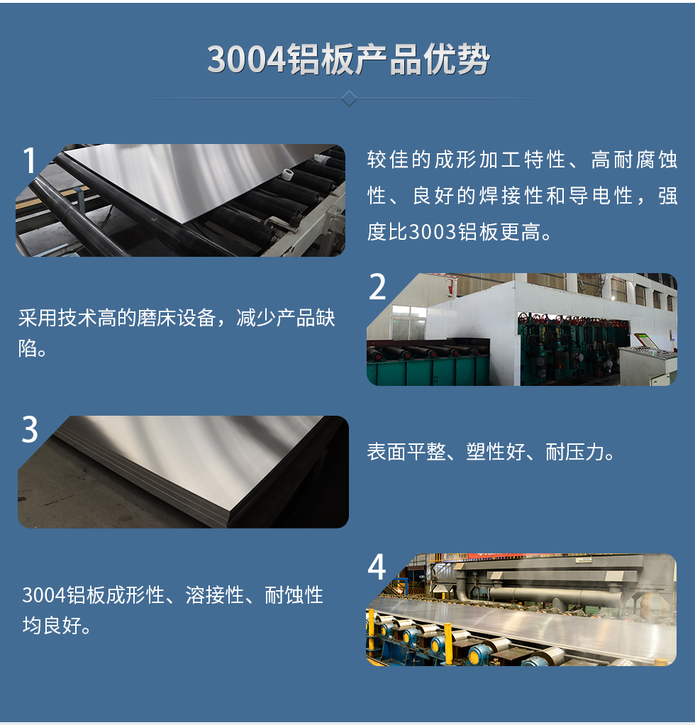 3004鋁板產(chǎn)品優(yōu)勢
　　1、較佳的成形加工特性、高耐腐蝕性、良好的焊接性和導(dǎo)電性，強度比3003鋁板更高。
　　2、采用技術(shù)高的磨床設(shè)備，減少產(chǎn)品缺陷。
　　3、表面平整、塑性好、耐壓力。
　　明泰3004鋁板優(yōu)勢
　　1、3004鋁板成形性、溶接性、耐蝕性均良好。
　　2、好的成形加工特性、高耐腐蝕性、良好的焊接性和導(dǎo)電性，強度比3003鋁板更高。
　　3、3004鋁板表面平整、塑性好、耐壓力;
　　4、采用國際先進的磨床設(shè)備，減少產(chǎn)品缺陷。
